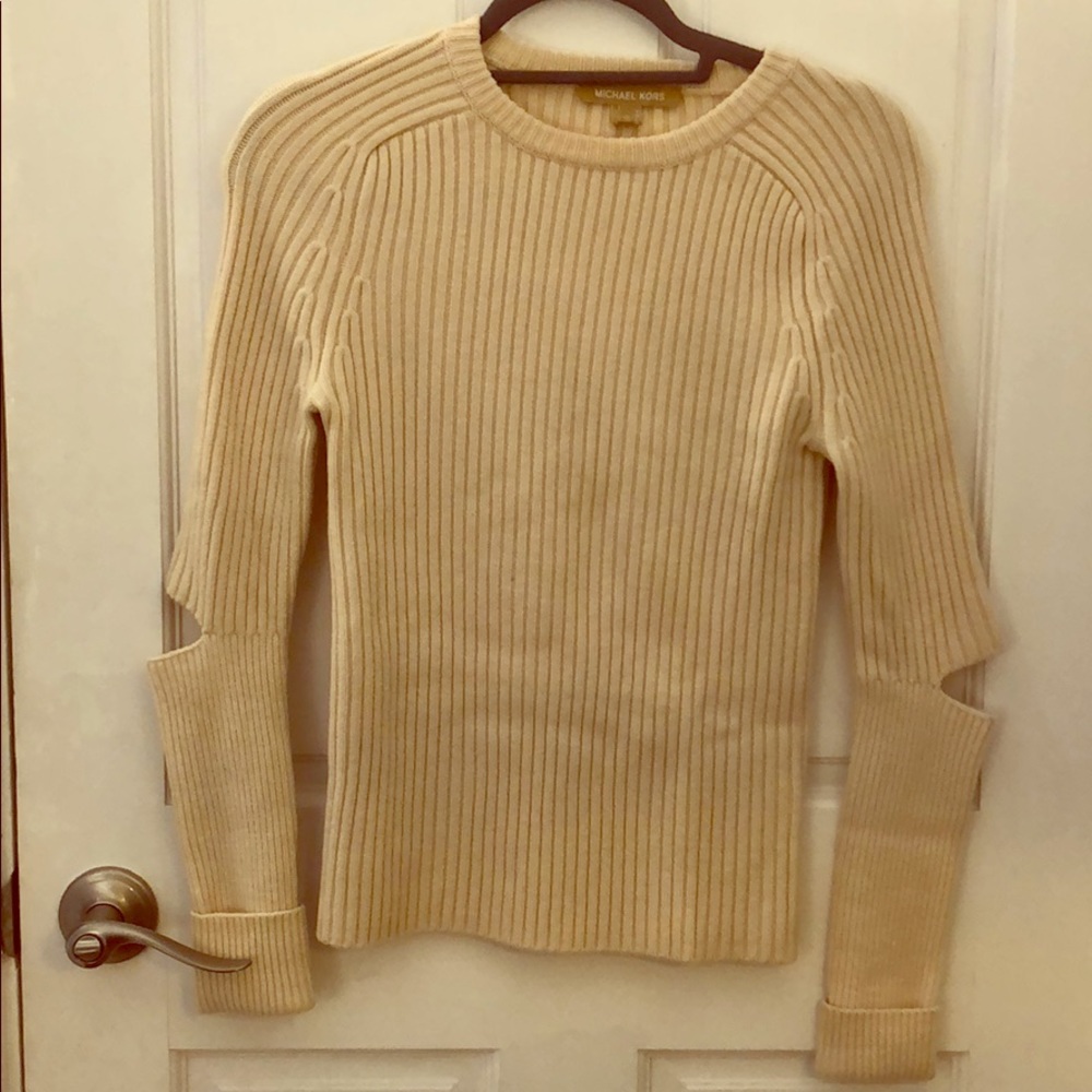 100% Cashmere Cream Sweater with Elbow Slits